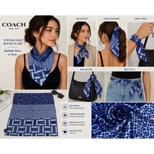 Coach Blue White Multi Logo Pattern 100% Silk Square Scarf 21x21 CA22608
